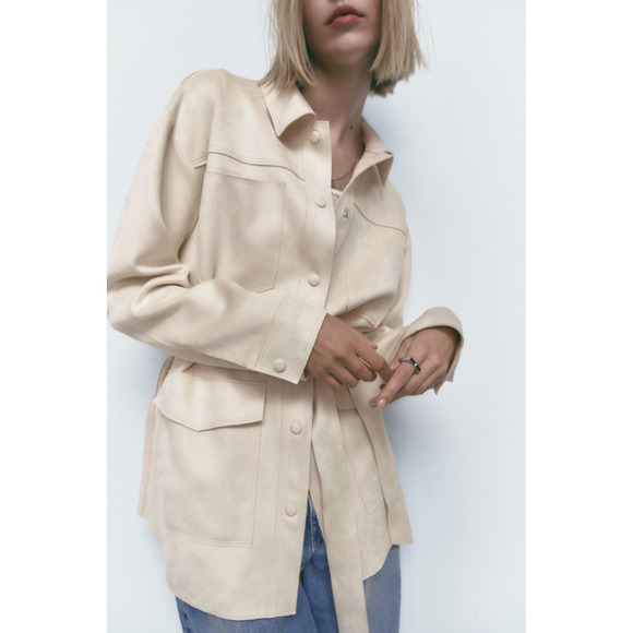 Zara Faux Suede Overshirt Womens XS Champagne Snap Button Pockets Jacket *READ - Picture 14 of 16